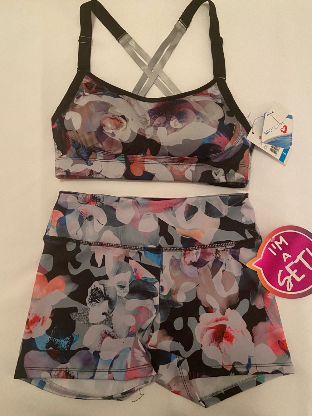 Shosho Multicolor Floral-Print Sports Bra & Shorts Set - Black Trim-Small